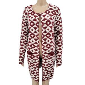 Carapace Longline Cardigan Maroon and White Geometric Aztec Pattern Women's S